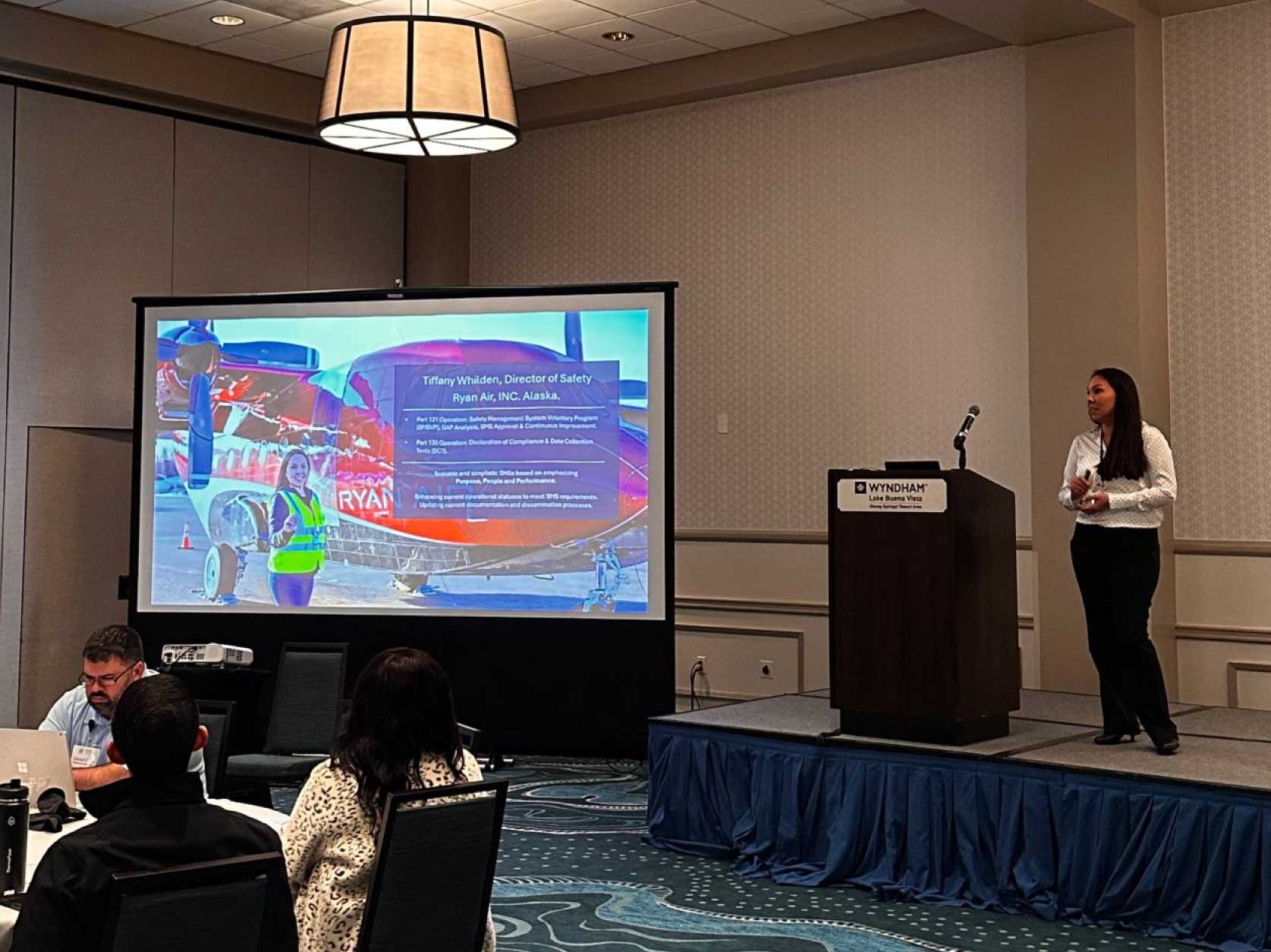 Tiffany Whilden, Director of Safety at Ryan Air, Inc., speaking at the Fuzion Safety Conference.