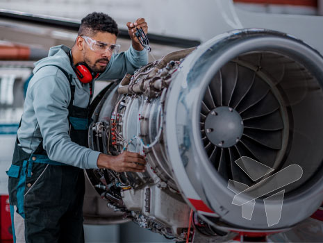 Aircraft Mechanic checking jet engine of the airplane.