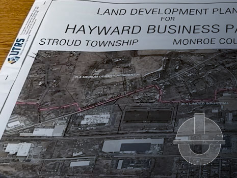 Land development plan for Hayward Business Park expansion in Stroud Township, Pennsylvania. UTRS CEE icon is pictured in the top left corner.